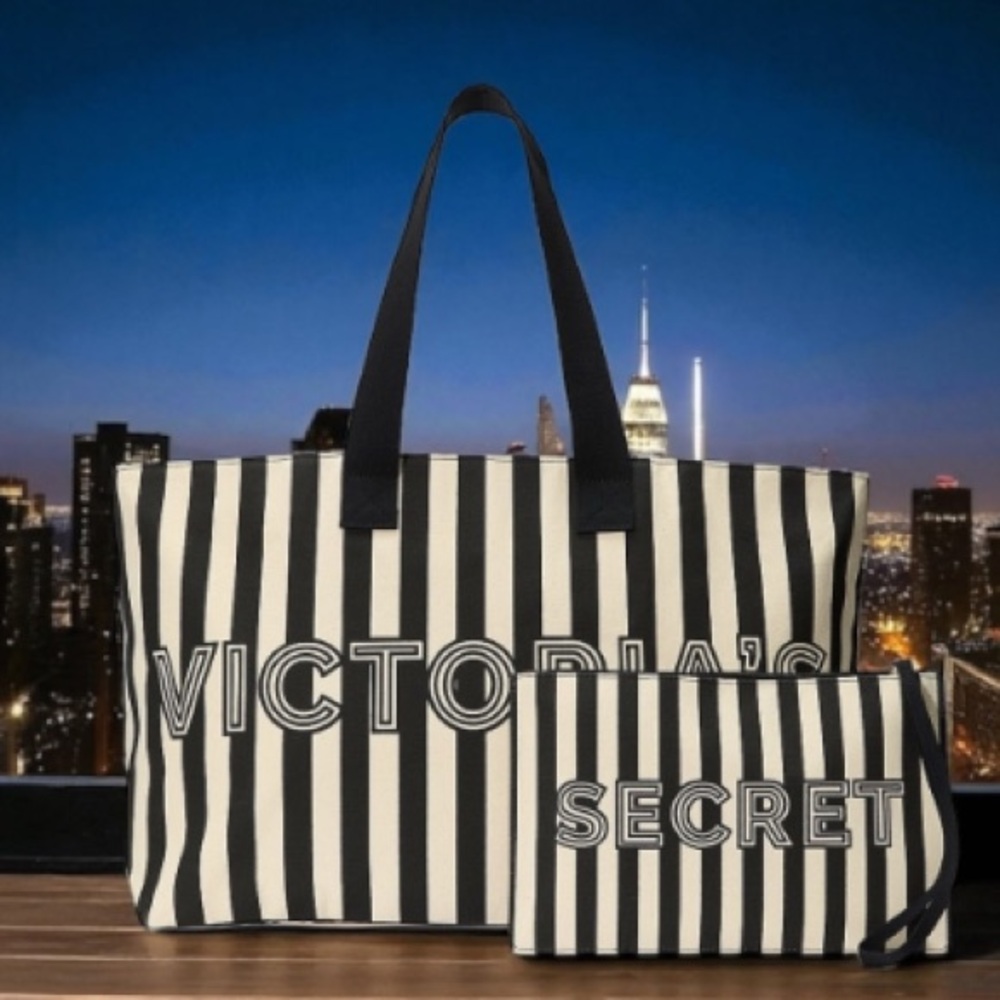 Victoria's Secret Logo Canvas Tote Bag & Wristlet - Black & White Stripes